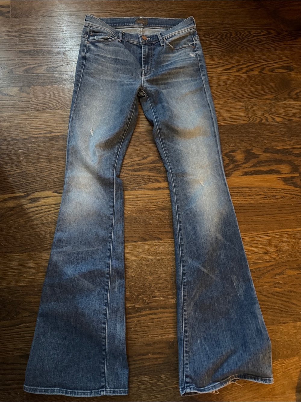 MOTHER The Cruiser Jeans Size 27 Blue Distressed Flare Raw Hem Made USA Women